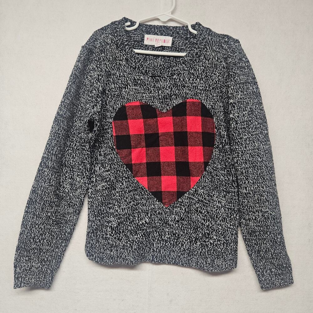 Pink Republic Girls Sz Medium Sweater Black Marled Knit Red Buffalo Plaid Heart